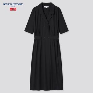 NWT Ines De La Fressange Rayon Open Collar Short Sleeve Dress Black M (Uniqlo)